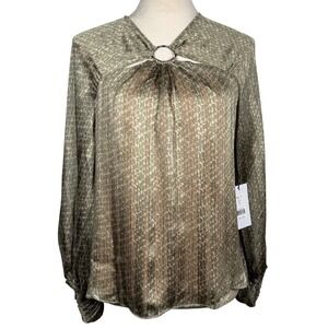 BAILEY 44 NWT Made in USA Olive Green Geometric Print Ring Detail Blouse Size S